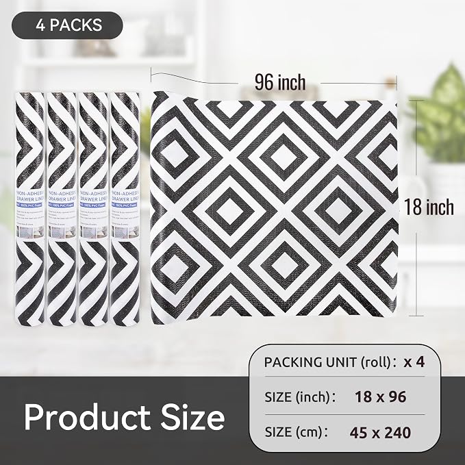 FIFTY FEET 18"x96" Non-Adhesive Shelf Liner for Kitchen Cabinets and Drawers, Washable Non-Slip PVC Cabinet Liner (Black Plaid)(4 Roll) - Image 5