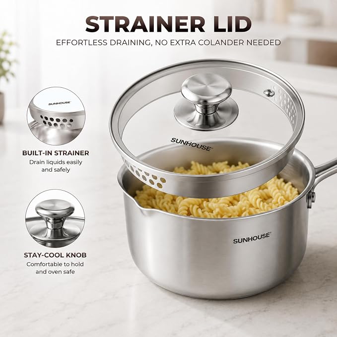 SUNHOUSE 3QT Stainless Steel Saucepan with Pour Spout & Strainer Glass Lid - Image 4