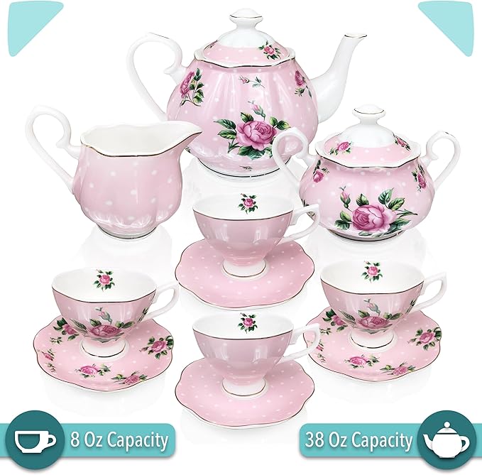 BTaT- Floral Tea Sets for Adults, 13 pcs, Service for 4, Pot (38 oz) & Cups (8 oz) with Saucers, Pastel Pink Floral Design with Gift Box, Porcelain Tea Set for Adult, Dishwasher Safe