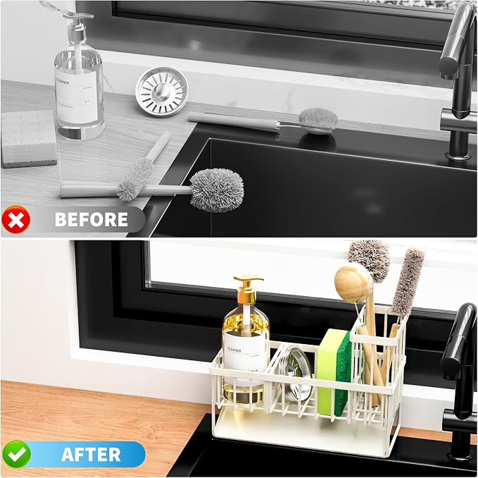 Cisily Off White Sponge Holder for Kitchen Sink, Sink Caddy Organizer with High Brush Holder, Kitchen Countertop Rustproof 304 Stainless Steel, Soap Dispenser Kitchen Organizers and Storage Essentials - Image 6