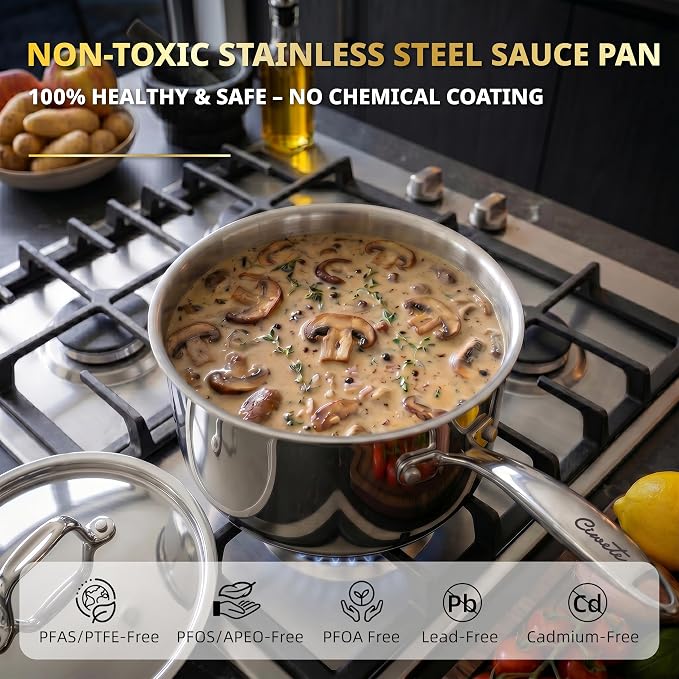 Ciwete 2 Quart Sauce Pan with Lid, Tri Ply Stainless Steel Saucepan 2 Qt with Stainless Steel Lid, 2 Measuring Lines, Upgraded Packaging, Cool Ergonomic Handle, Dishwasher & Oven Safe - Image 4