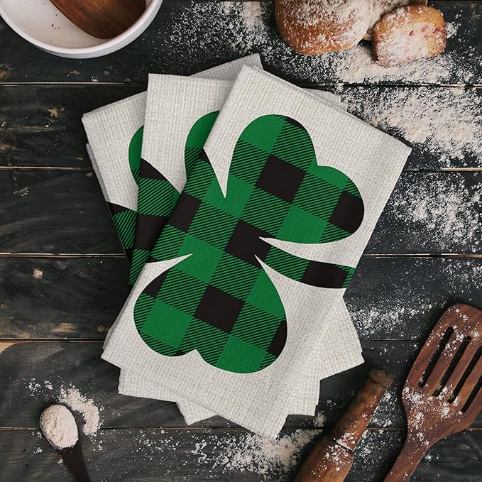 Kitchen Towels,Soft Microfiber Cleaning Cloths, St. Patrick's Day Green Black Buffalo Plaid Lucky Shamrock Dish Towels for Kitchen, Pack of 4 Absorbent Dish Towels,Tea Towels,Bar Towels,18x28 Inch - Image 2