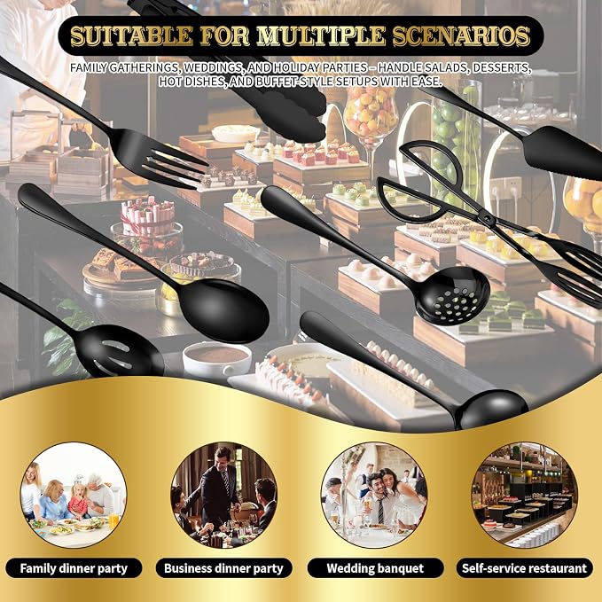 32 Piece Stainless Steel Serving Utensils Set - Complete Buffet Serving Spoons, Tongs, Ladles, Spatulas for BBQ, Parties, Weddings, Catering and Events (Black) - Image 4