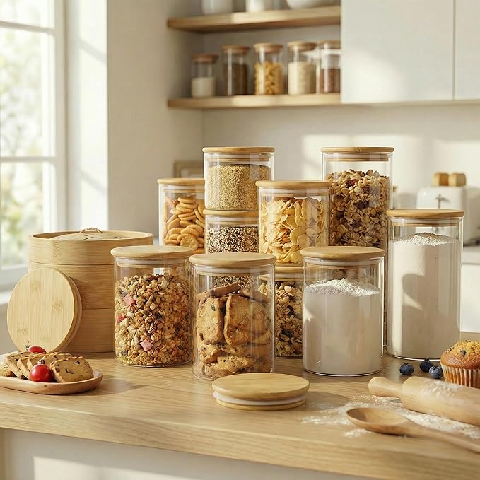 45 oz Round Glass Food Storage Containers with Airtight Bamboo Lids, 3 Pack | Tall Pantry Jars for Flour, Sugar & Pasta, Durable Borosilicate Glass Canisters Keep Food Dry & Fresh, Easy to Fill & Clean - Image 6