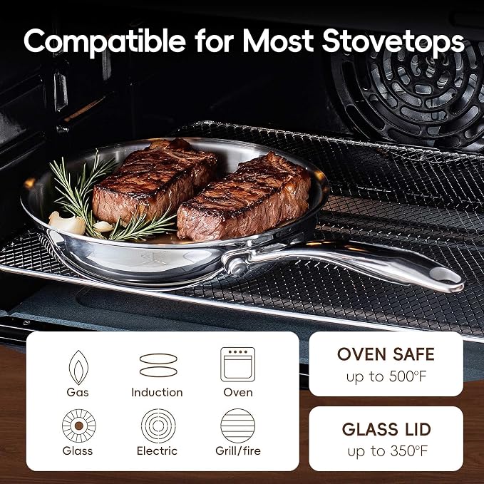 10 Inch Tri-Ply Clad Stainless Steel Frying Pan, Stainless Steel Fry Pan, Stainless Skillet, Non-Toxic, Multiclad, Induction Oven Compatible, Dishwasher Safe - Image 4