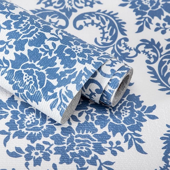 RAY STAR 20" x 10 Ft Shelf Liner for Kitchen Cabinets, Non-Adhesive Cabinet Liner Washable, Drawer Liner for Dresser Non-Slip Bathroom [Blue Damask](3 Rolls) - Image 2
