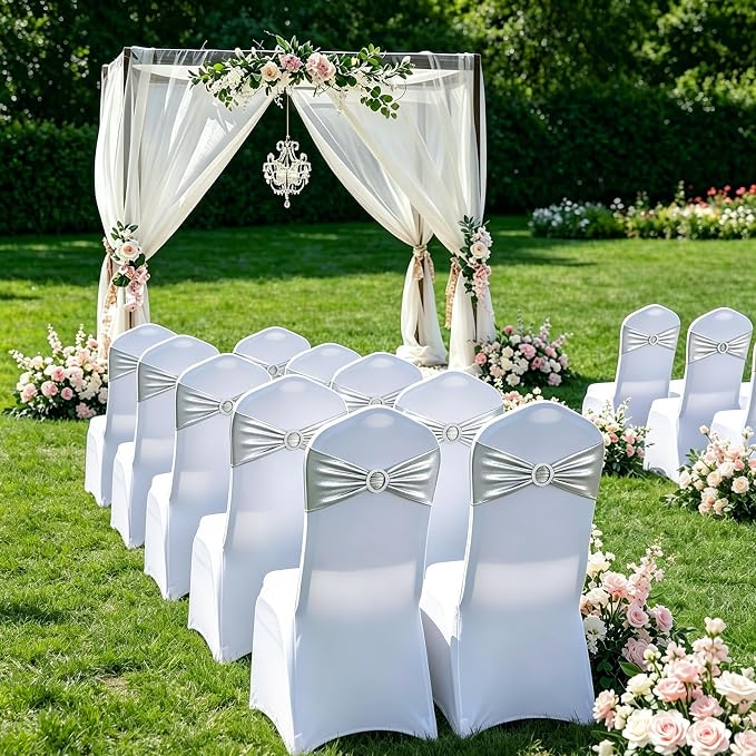 LEBENGURU Metallic Silver Stretch Chair Sashes 50pcs with Buckle Slider - Image 7