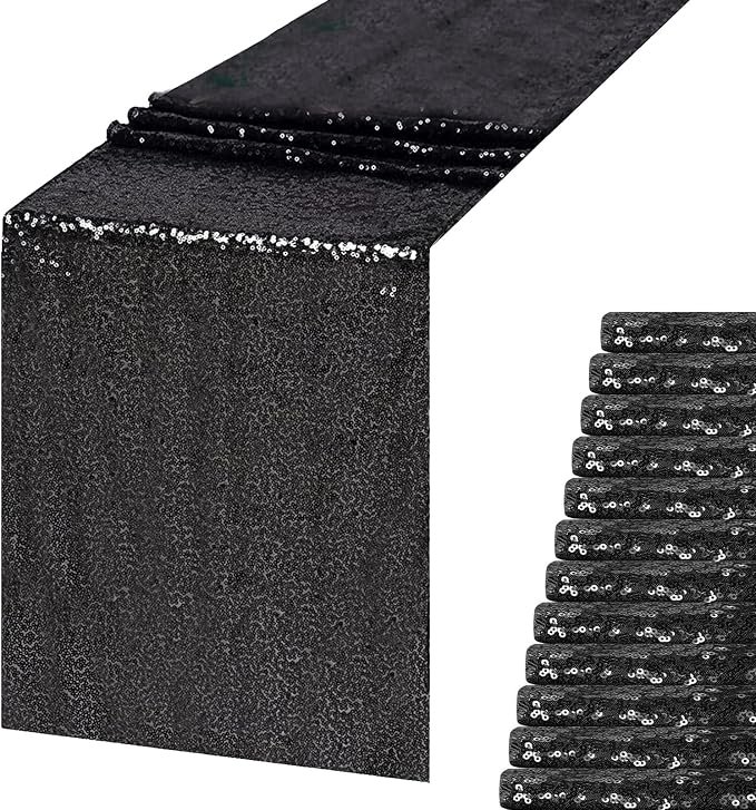 Black Sequin Table Runner 12 Pack, 12x72 Glitter Table Runners by WISPET