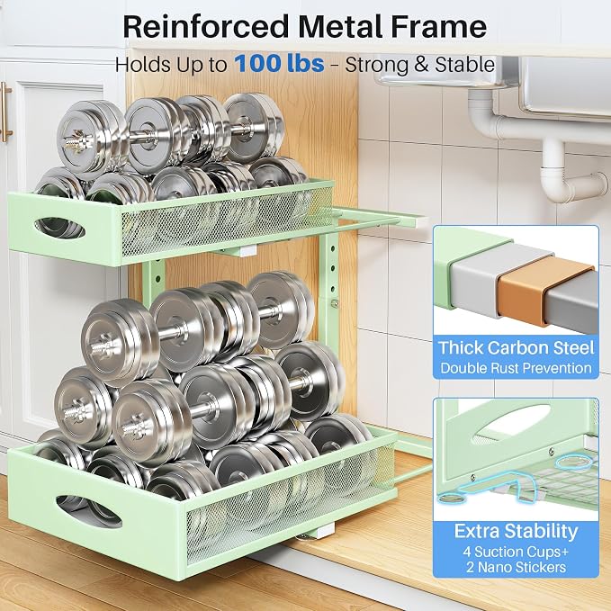 Under Sink Organizer, 2 Pack 2 Tier Pull Out Under Cabinet Organizer Shelf with Pad for Framed Cabinets, Metal Slide Out Under Sink Storage, Mesh Sliding Drawers for Kitchen Bathroom Laundry, Green - Image 6