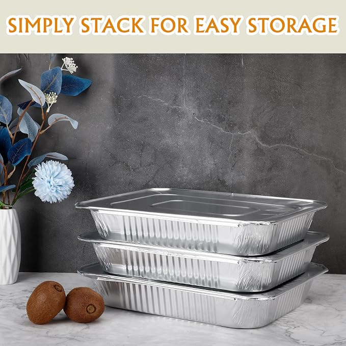 Aluminum Pans Trays With Aluminum Lid 100 Pack 3 Liter - 9"x13" Disposable Baking Containers - Recyclable Pans for Storing Serving & Reheating - Freezer Air Fryer and Oven Safe - Image 6
