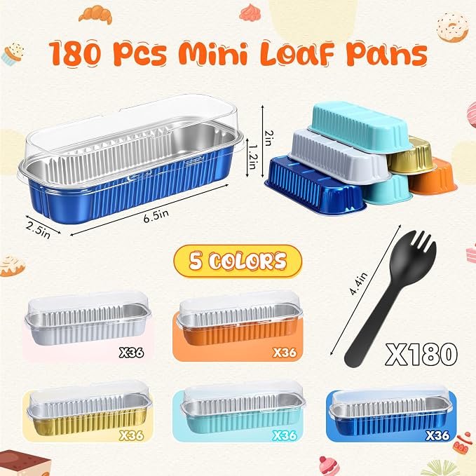 Blushtier 540 Pcs Mini Loaf Pans with Lids and Spoons 6.8 oz Blue and Orange Rectangular Aluminum Foil Baking Pans Mini Cake Tins for Baby Shower Birthday Graduation Party Decoration - Image 2