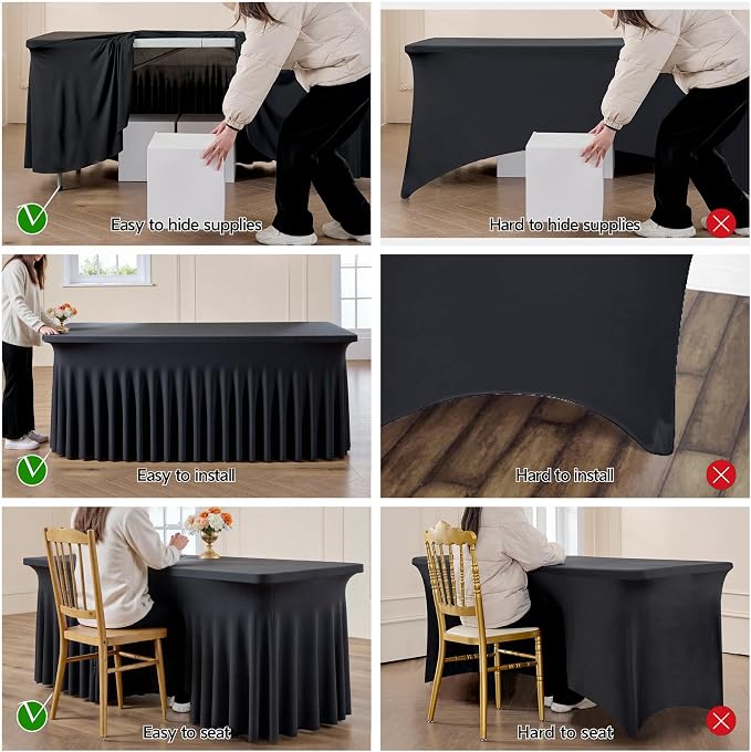 leegleri 2 Pack Black Spandex Table Cloths for 6 Foot Rectangle Tables, Wrinkle Free Fitted Table Covers 6ft Stretch Tablecloths Desk Skirt for Parties Weddings Birthday Vendor Display - Image 2