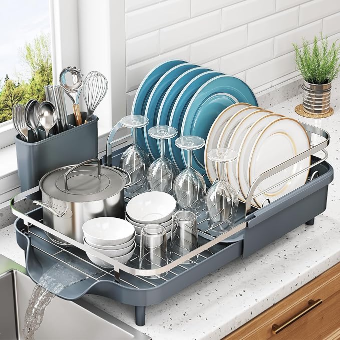 SNTD Expandable Dish Drying Rack for Kitchen Counter, 15.2-22.1 in, Gray by SNTD