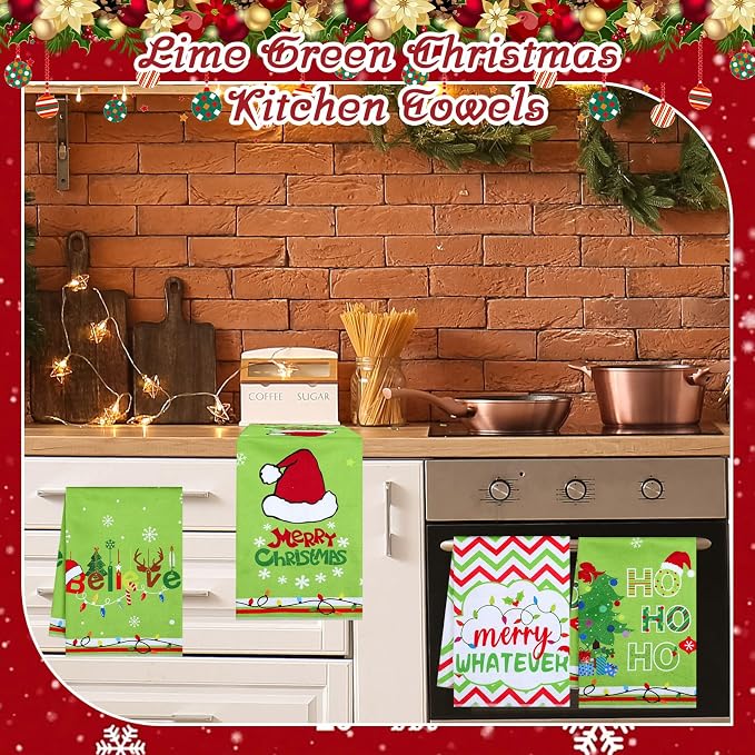 Breling 7 Pcs Lime Green Christmas Kitchen Rug and Towel Set Bathroom Decor Mat Absorbent Dish Hand Towel Xmas Kitchen Decoration Farmhouse Gift - Image 3