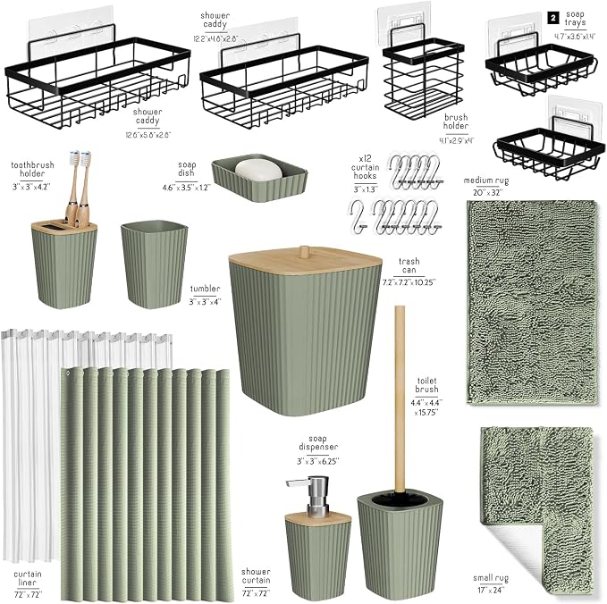 Clara Clark Bathroom Accessories Set - 27PC Bathroom Set with Adhesive Corner Shower Caddy Hanging, Bathroom Sets with Shower Curtain and Rugs, Sage Green Shower Curtain Set with Bathroom Trash Can - Image 3