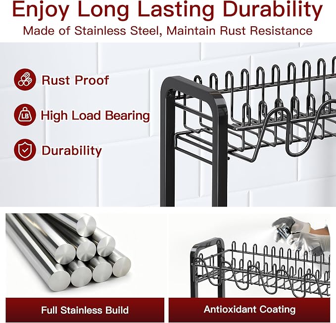 BOOSINY 2 Tier Black Stainless Steel Dish Drying Rack for Kitchen Counter - Image 4