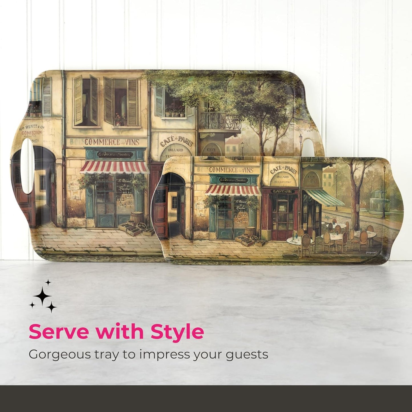 Pimpernel Parisian Scenes Rectangular Hostess Tray - 15.1" x 6.5" Melamine Snack Platter with French Street Illustration - Dishwasher-Safe Decorative Kitchen Accent for Serving