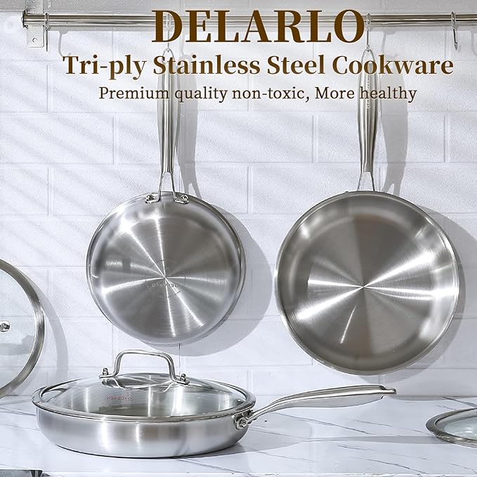 DELARLO Tri-Ply Stainless Steel Pan,18/10, 12"+Lids - Image 7