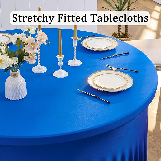 8 Pack Royal Blue Round Spandex Tablecloths for 60 inch Table, 120 inch Stretchy Fitted 5FT Round Table Cloths with Skirt for Wedding Birthday Party Dining Banquet - Image 2