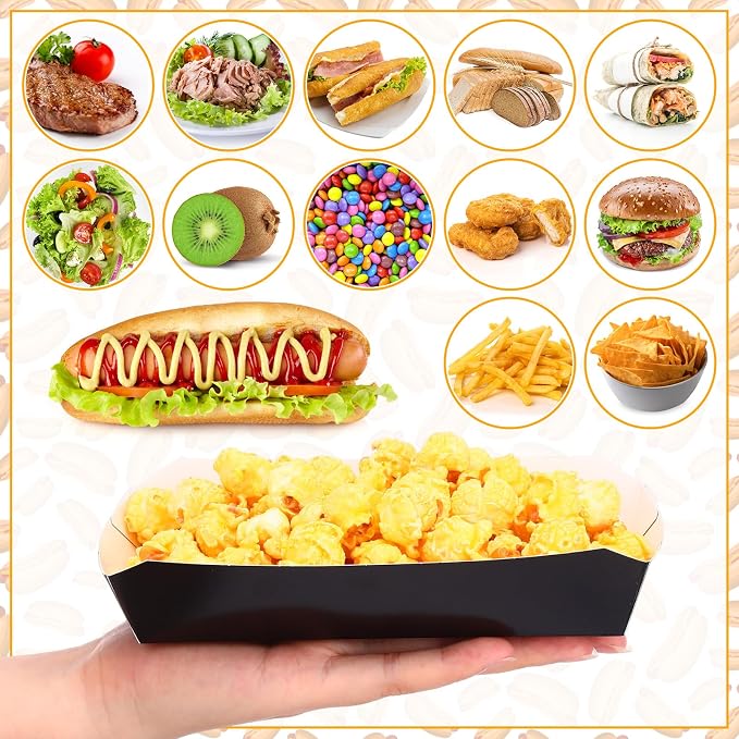 Rtteri 200 Pcs 2lb Paper Food Tray Disposable Food Boats Hot Dog Tray 7 Inch Nacho Trays Take out Food Serving Trays for French Fries, Tacos, Hot Dog, Corn, BBQ Festival Party Supplies (Black) - Image 3