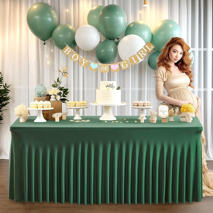 Wish Care 6 Pack Hunter Green Stretch Spandex Table Clothes for 4 Foot Rectangle Tables, 4FT Wrinkle Free Fitted Tablecloths Ruffles Design Table Cover for Party, Banquet, Wedding and Events - Image 2