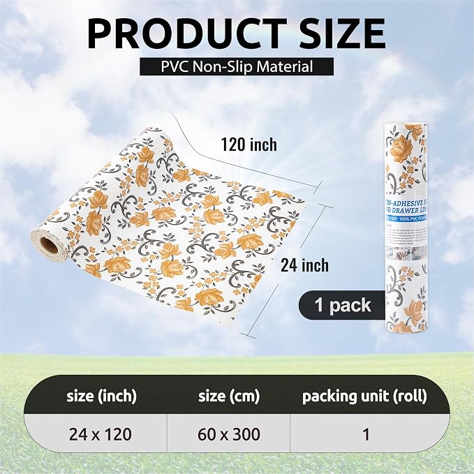 FIFTY FEET 24X120 Inch Shelf Liner for Kitchen Cabinets, PVC Drawer Liner for Dresser Non-Slip Bathroom, Non-Adhesive Cabinet Liner Washable (Yellow Floral)(1 Roll) - Image 4