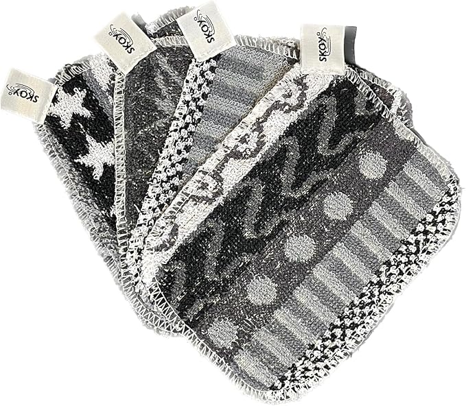 Skoy Scrub, 4-Pack Reusable, Non-Scratching Dish Scrubber for Kitchen and Household Cleaning, Planet-Friendly, Dishwasher Safe Soft Scrub, Monochromatic Colors by Skoy