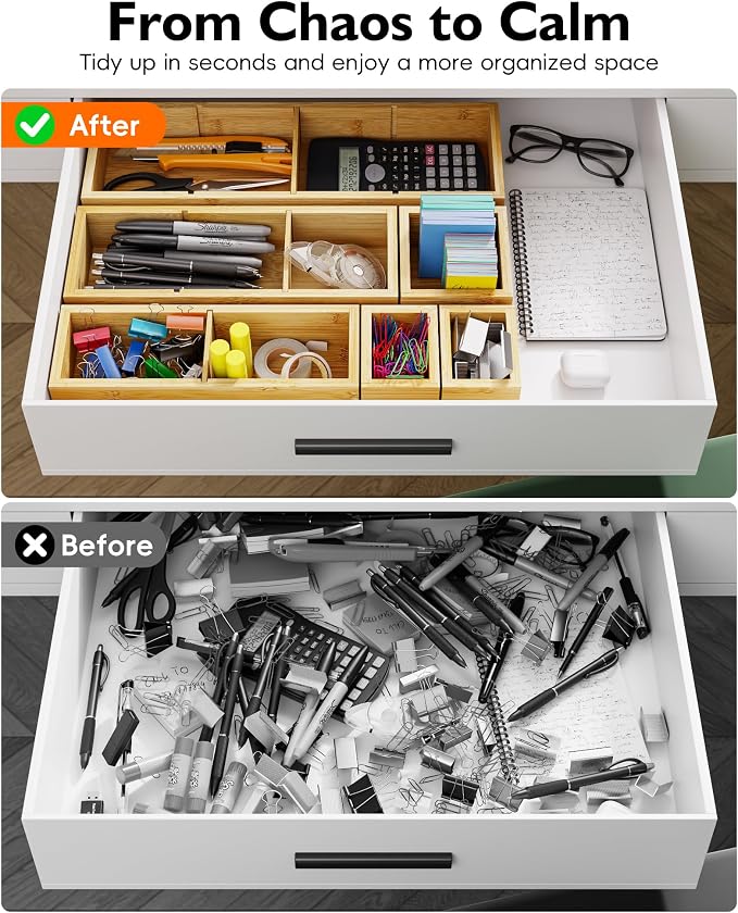 Bamboo Drawer Organizer Set, 6 PCS Trays with 12 Compartments - Image 4