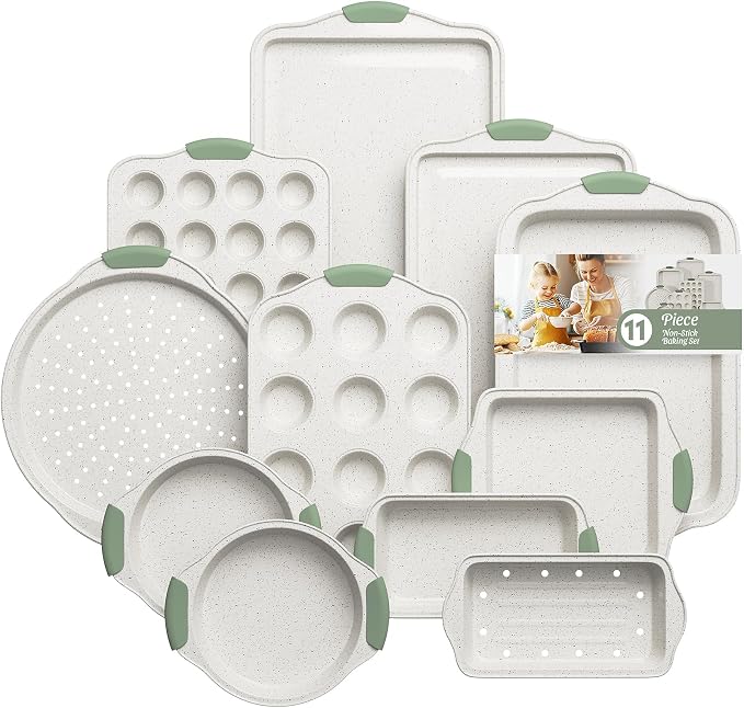 11-Piece Non-Toxic Baking Set, Stackable Nonstick Cookware, White&Green | Bakeware Set with Heat-Resistant Handles - Includes Cookie Tray, Round Cake Pan, Muffin Cups, Pizza Pan & Loaf Baker by SlowSLog