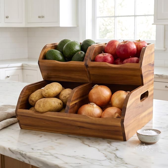 Acacia Wood Pantry Storage Bins - Stackable Open Front Kitchen Baskets | Stackable Potato And Onion Storage Bins Offer Flexible Organization, No Assembly Required And Easy Produce Access by NAGAWOOD