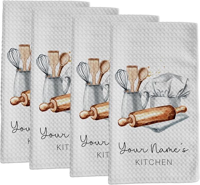 Personalized Kitchen Towel | Custom Tea Towel | Watercolor Utensil Dish Towel | Kitchen Decor | Hand Towel Gift Set | Waffle Weave Dishcloth (Pack of 4 Towels, Design 3) by Handmade