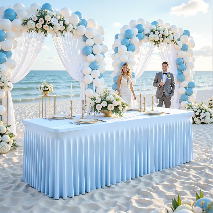 6 Pack Baby Blue Table Cloth for 8 Foot Rectangle Tables Spandex Fitted Tablecloth 8ft Stretch Table Covers Skirt Baby Blue Banquet Tablecloths Wrinkle Free Tablecloth for Party Wedding Birthday Event - Image 4