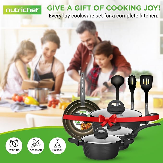 NutriChef Metallic Ridge Line Nonstick Cooking Kitchen Cookware Pots and Pan Set with with Lids and Utensils, 12 Piece Set, Gray - Image 7