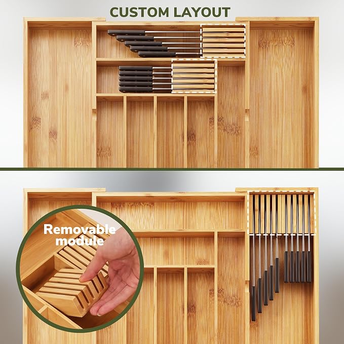 BAMEOS Bamboo Drawer Organizer Expandable Kitchen Silverware Organizer with 7-9 Deep Compartments, Bamboo Reinforced Cutlery Tray, Adjustable Utensil Holder for Kitchen(16.1"-22.4" Wide, Natural) - Image 5