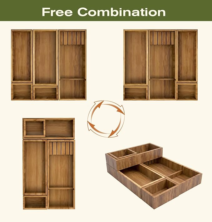 KOCWELL Bamboo Silverware Drawer Organizer with Knife Block, 5 Removable Drawer Organizer Bins - Multi-Use for Kitchen Utensils, Office, Makeup, Tools Storage - Image 6