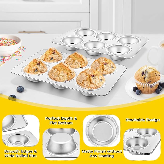 Homikit 1 Pack Stainless Steel Muffin Pan, 6-Cup, Regular Size, Non Toxic | Metal Cupcake Tray for Toaster Oven, Muffin Baking Tins for Egg Bites, Nonstick, Rust Free, Easy Release, Dishwasher Safe - Image 5