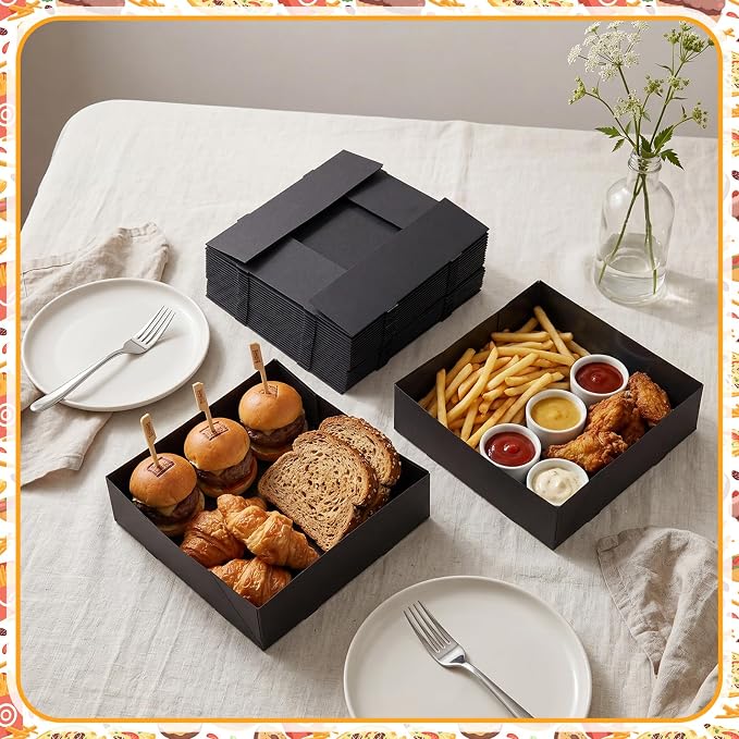 Chinco Black 100 Pcs 7.9 x 7.9 x 2.4 Inch 4 Corner Pop Food Tray Kraft Paperboard Disposable Foldable Cardboard Food and Drink Stadium Containers Movie Night Snack Trays Fries Holder Carrier - Image 7