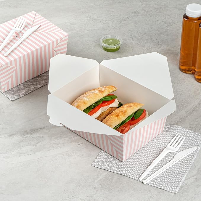 Restaurantware-Bio Tek 8.5 x 6.2 x 3.5 Inch Food Containers, 200 Durable Takeaway Boxes - Disposable, Striped, Pink And White Paper 98 Ounce Takeout Boxes, Rectangle, For Takeouts And Delivery - Image 4