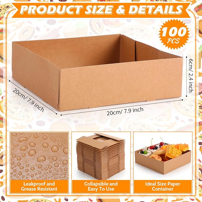 Chinco Brown 100 Pcs 7.9 x 7.9 x 2.4 Inch 4 Corner Pop Food Tray Kraft Paperboard Disposable Foldable Cardboard Food and Drink Stadium Containers Movie Night Snack Trays Fries Holder Carrier - Image 2