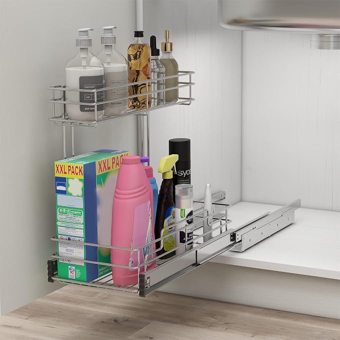 2 Pack Under Sink Organizer 9"W X17"D, Pull Out Cabinet Organizer 2 Tier, - Image 8