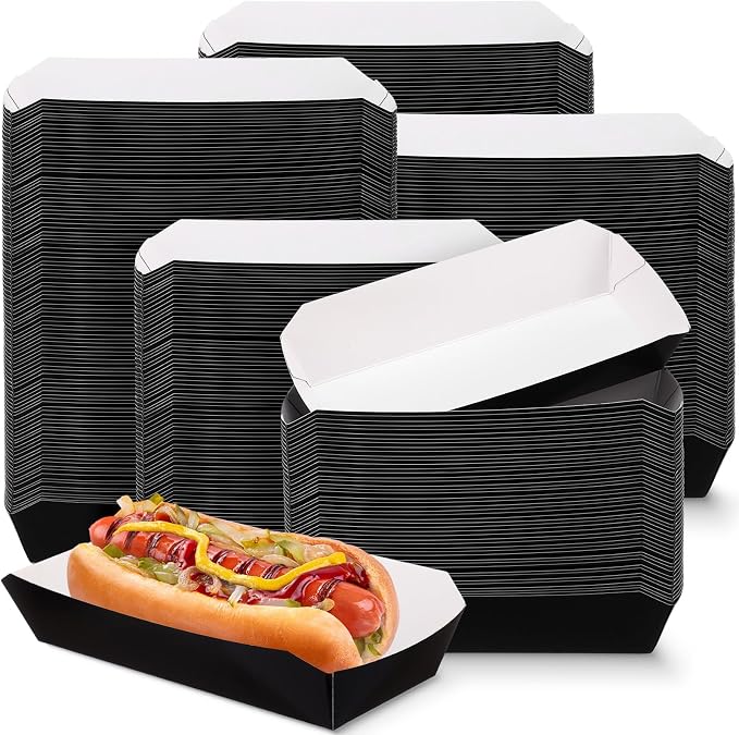 Rtteri 200 Pcs 2lb Paper Food Tray Disposable Food Boats Hot Dog Tray 7 Inch Nacho Trays Take out Food Serving Trays for French Fries, Tacos, Hot Dog, Corn, BBQ Festival Party Supplies (Black) by Rtteri