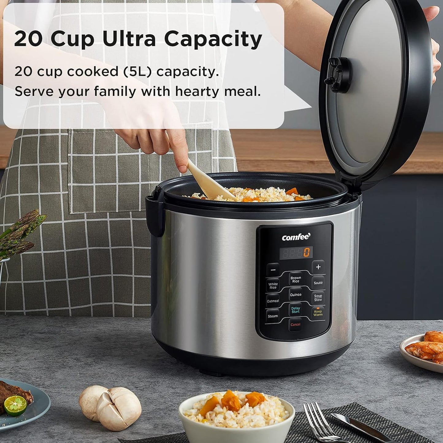 COMFEE' Rice Cooker 10 cup Uncooked/20 cup Cooked , Rice Maker, Steamer, Saute, Steamer and Warmer, 5.2 QT Large Capacity, Brown Rice, Quinoa and Oatmeal, 8 One-Touch Programs