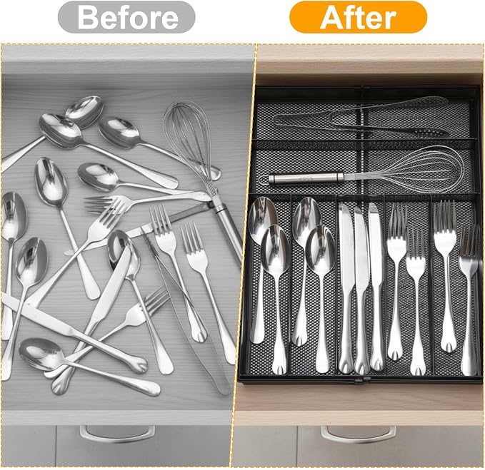 1 Pcs Utensil Drawer Silverware Organizer, Metal Mesh Expandable 13" ~24" Kitchen Drawer Organizer, 7-9 Slots Cutlery Tray Dividers for Kitchen Flatware Christmas Housewarming Gift (Black) - Image 6