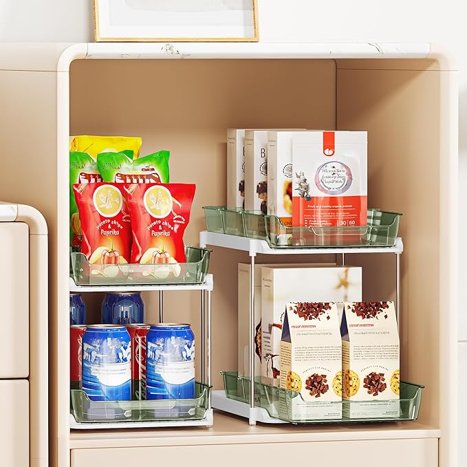 Delamu 2-Tier Multi-Purpose Bathroom Under Sink Organizers and Storage, Stackable Kitchen Pantry Organization, Pull Out Medicine Cabinet Organizer with Movable Dividers, Light Green, 4 Pack - Image 6