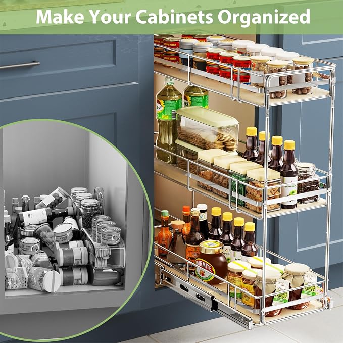 ROOMTEC 3-Tier Pull Out Cabinet Organizer Spice Rack for Narrow Cabinet 7" W x 20½" D, Slide Out Wood Shelves Storage for Kitchen - Image 7