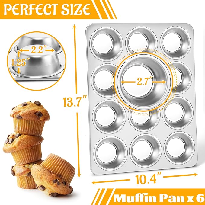 E-far 12-Cup Muffin Pan Set of 6, Stainless Steel Cupcake Pan for Oven | Non-Toxic Metal Muffin Tins for Baking Muffins & Cupcakes, Regular Size & Easy Clean, Dishwasher Safe - Image 2