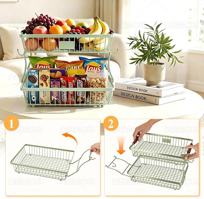 2-Tier Stackable Wire Basket with 2 Banana Hooks, Pantry Organizer for Kitchen Countertops, Cabinets & Under-Sink Spaces; Ideal for Storing Snacks, Fruits, Veggies, Onions, Potatoes, & More,Green - Image 2