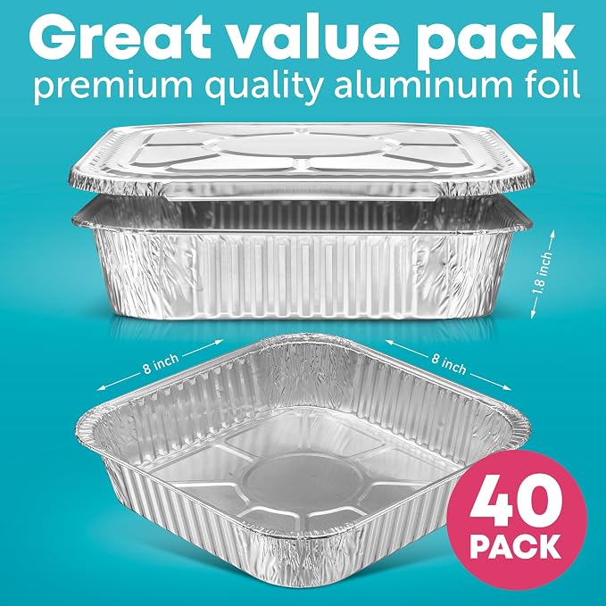 8x8 Disposable Aluminum Pans With Lids - 40 Pack Foil Pans For Cooking, Baking Cakes, Roasting & Homemade Breads - Disposable Food Containers With Foil Lids - Image 3