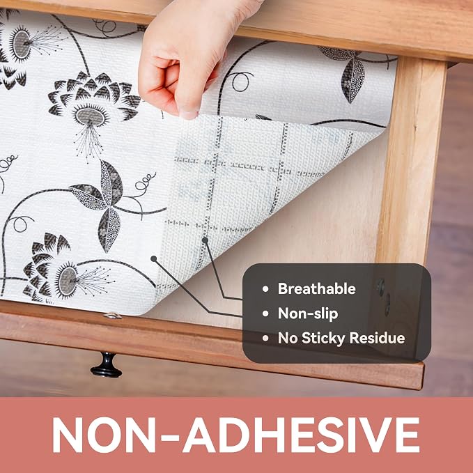 Shelf Liner 18In x 8FT Non Adhesive Black White Floral Leaves (2 Rolls) - Image 8