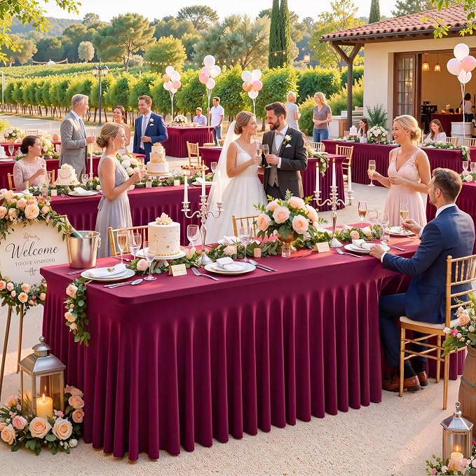 Besutolife 4 Pack Burgundy Table Cloths for 8 Foot Rectangle Tables, Wrinkle Free Fitted Spandex Table Covers 8ft, Stretch Tablecloth with Skirt for Wedding Birthday Banquet Parties - Image 3